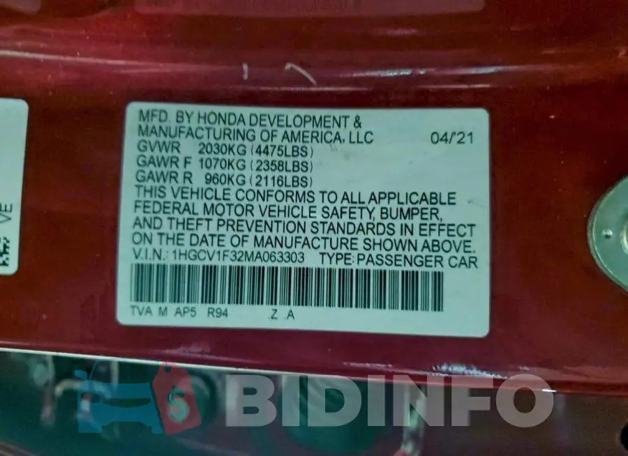 1HGCV1F32MA063303 Photo# 12