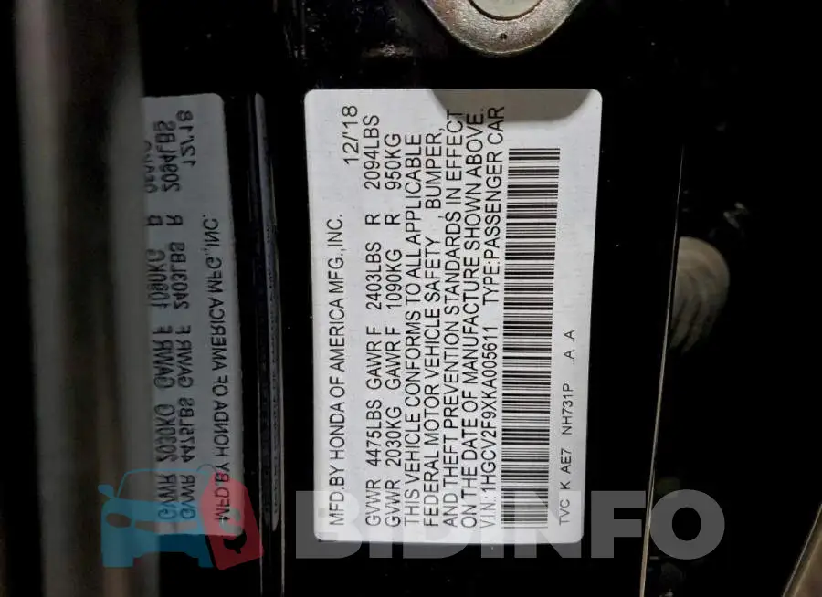 1HGCV2F9XKA005611 Photo# 12