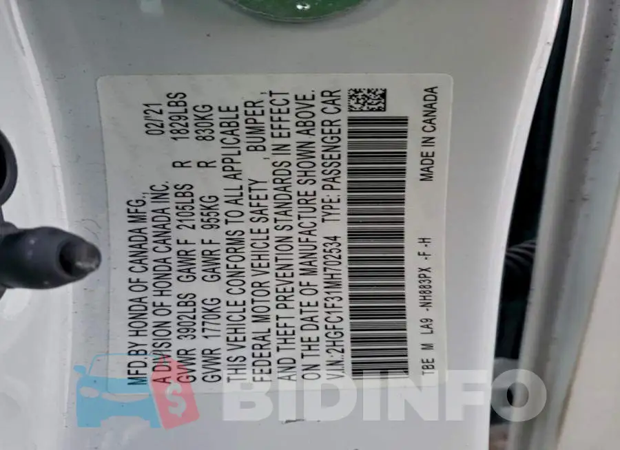 2HGFC1F31MH702534 Photo# 12