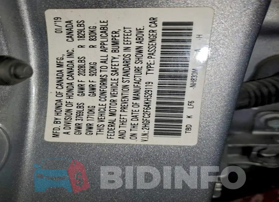 2HGFC2F64KH529119 Photo# 12
