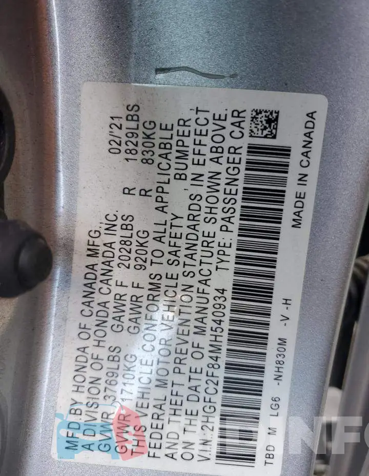 2HGFC2F84MH540934 Photo# 12