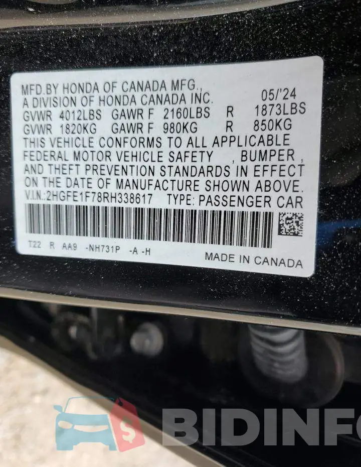 2HGFE1F78RH338617 Photo# 12