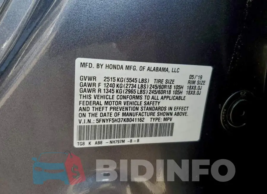 5FNYF5H37KB041162 Photo# 13