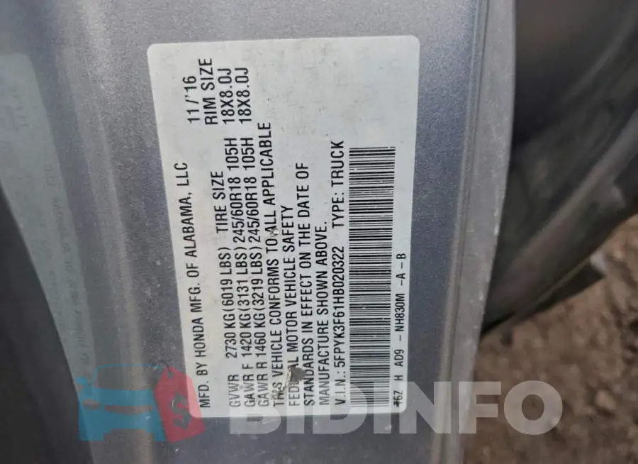 5FPYK3F61HB020322 Photo# 12