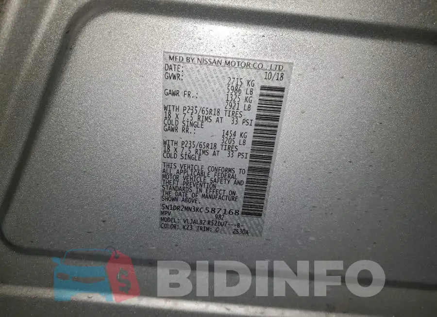 5N1DR2MN3KC587168 Photo# 13