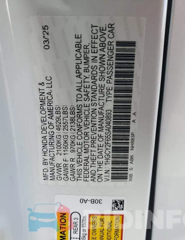 1HGCY2F65SA040893 Photo# 12