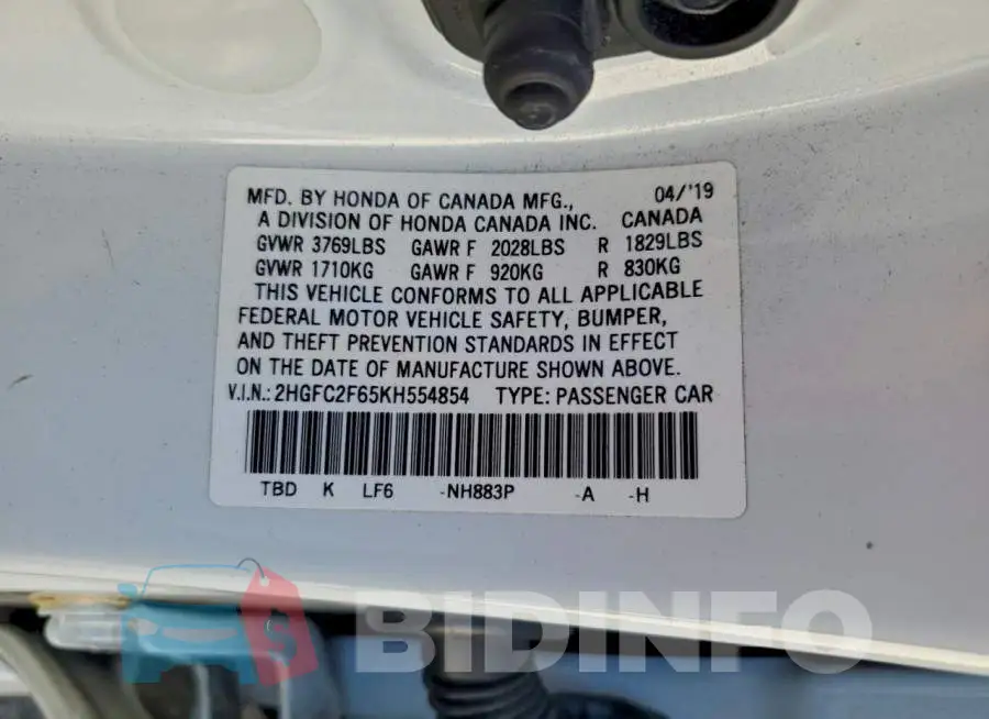 2HGFC2F65KH554854 Photo# 12
