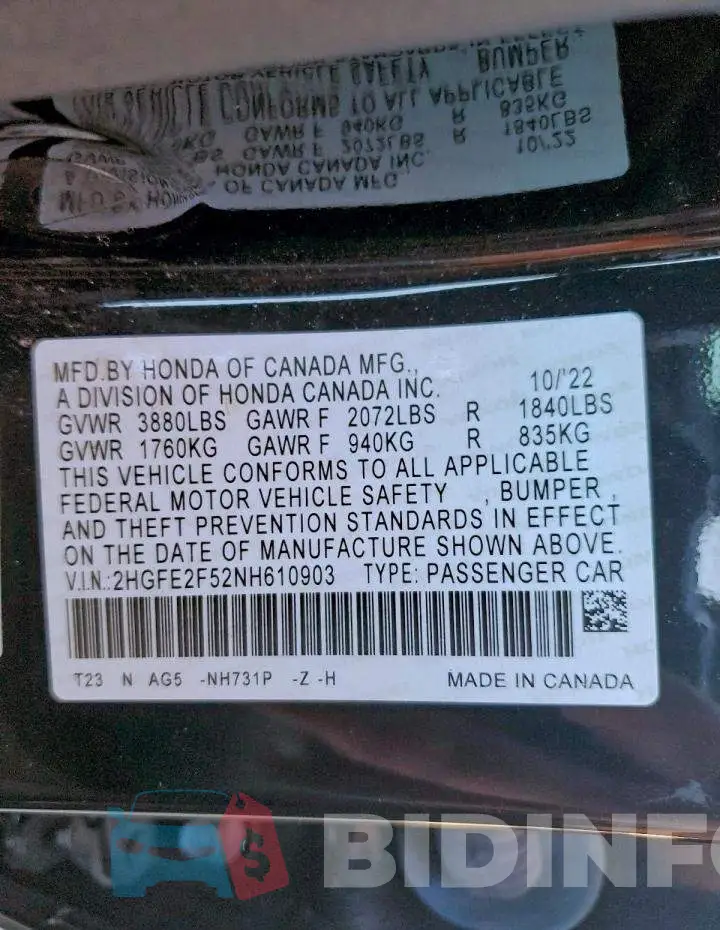 2HGFE2F52NH610903 Photo# 12