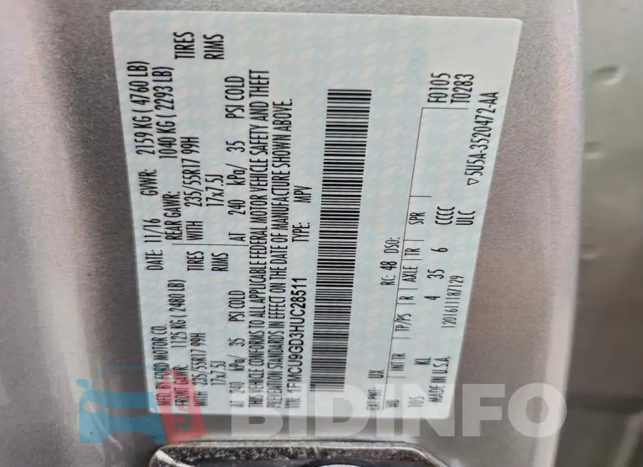 1FMCU9GD3HUC28511 Photo# 13