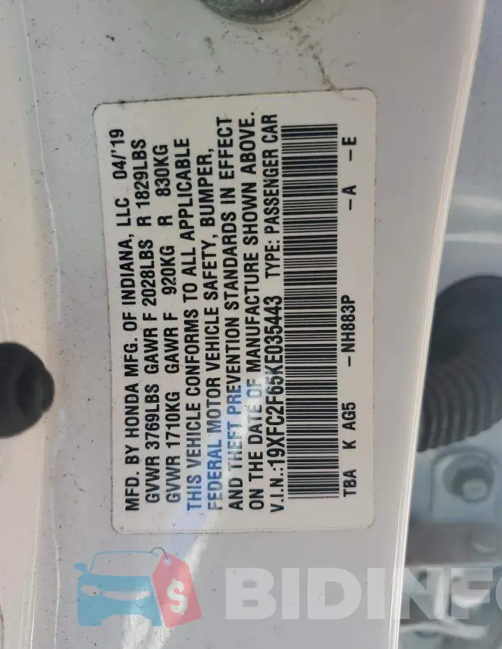 19XFC2F65KE035443 Photo# 13