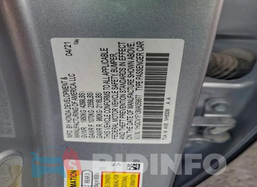 1HGCV1F13MA059677 Photo# 13