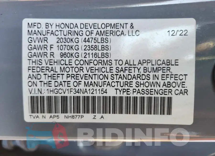 1HGCV1F34NA121154 Photo# 12