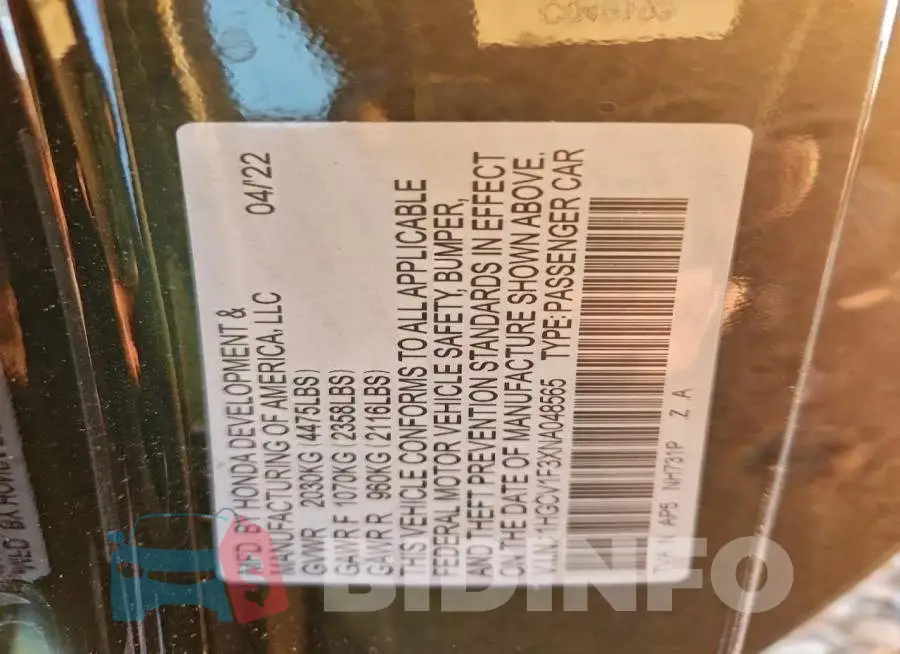 1HGCV1F3XNA048565 Photo# 12