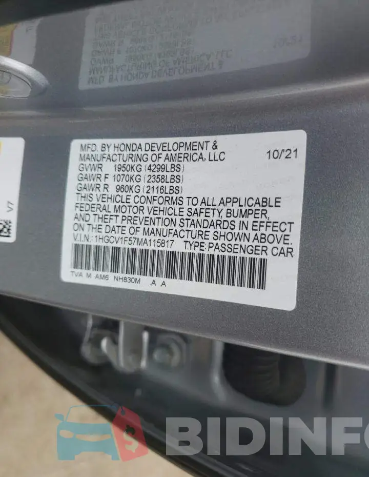 1HGCV1F57MA115817 Photo# 12