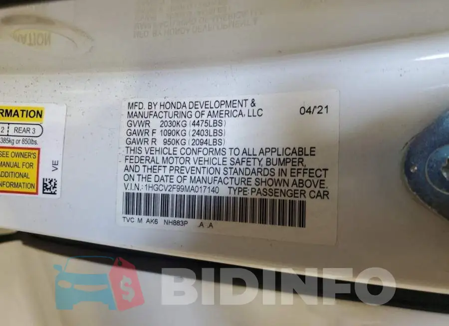 1HGCV2F99MA017140 Photo# 13