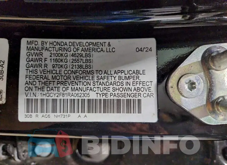 1HGCY2F81RA062305 Photo# 13
