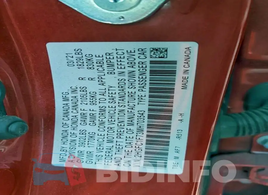 2HGFC1F73MH703543 Photo# 12