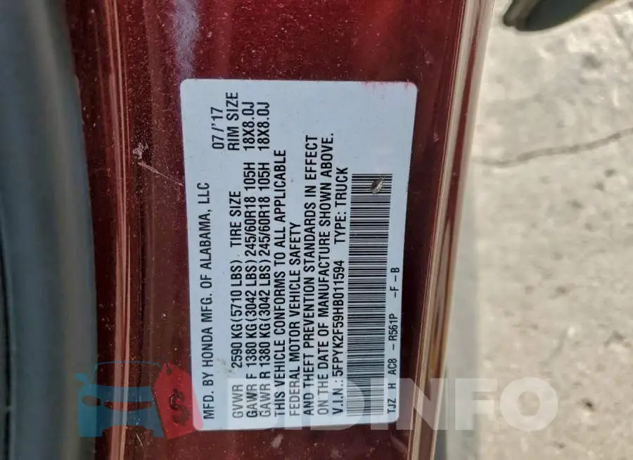 5FPYK2F59HB011594 Photo# 13