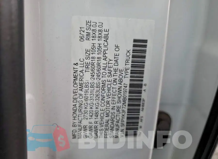 5FPYK3F72MB019747 Photo# 12