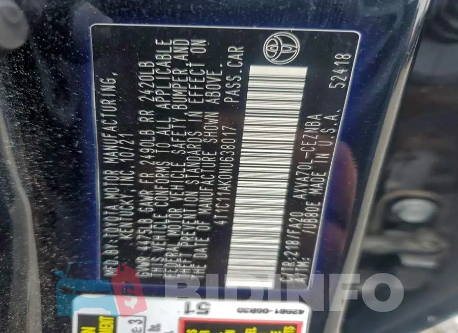 4T1C11AK0NU638017 Photo# 12