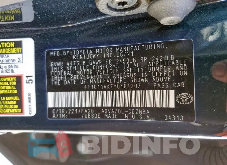 4T1C11AK7MU484307 Photo# 12