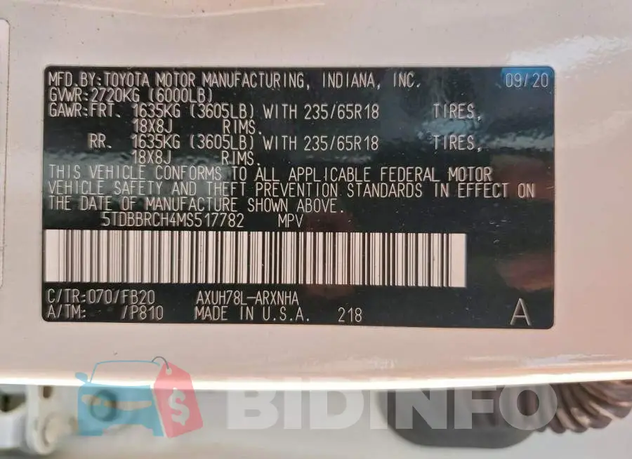 5TDBBRCH4MS517782 Photo# 14