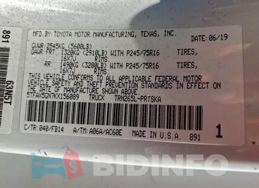 5TFAX5GN7KX156089 Photo# 13