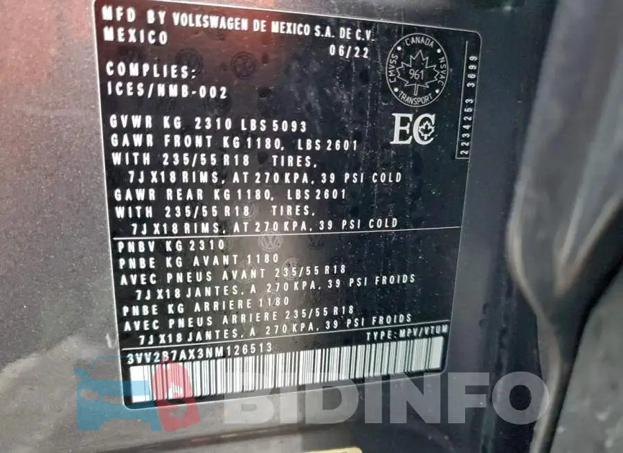3VV2B7AX3NM126513 Photo# 13
