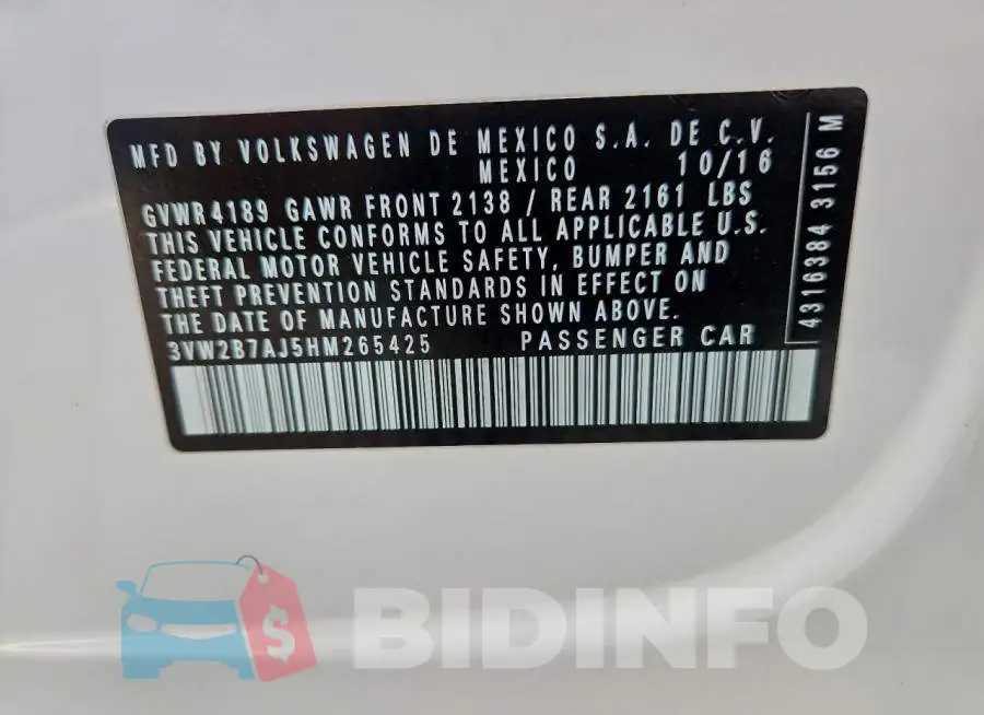 3VW2B7AJ5HM265425 Photo# 12
