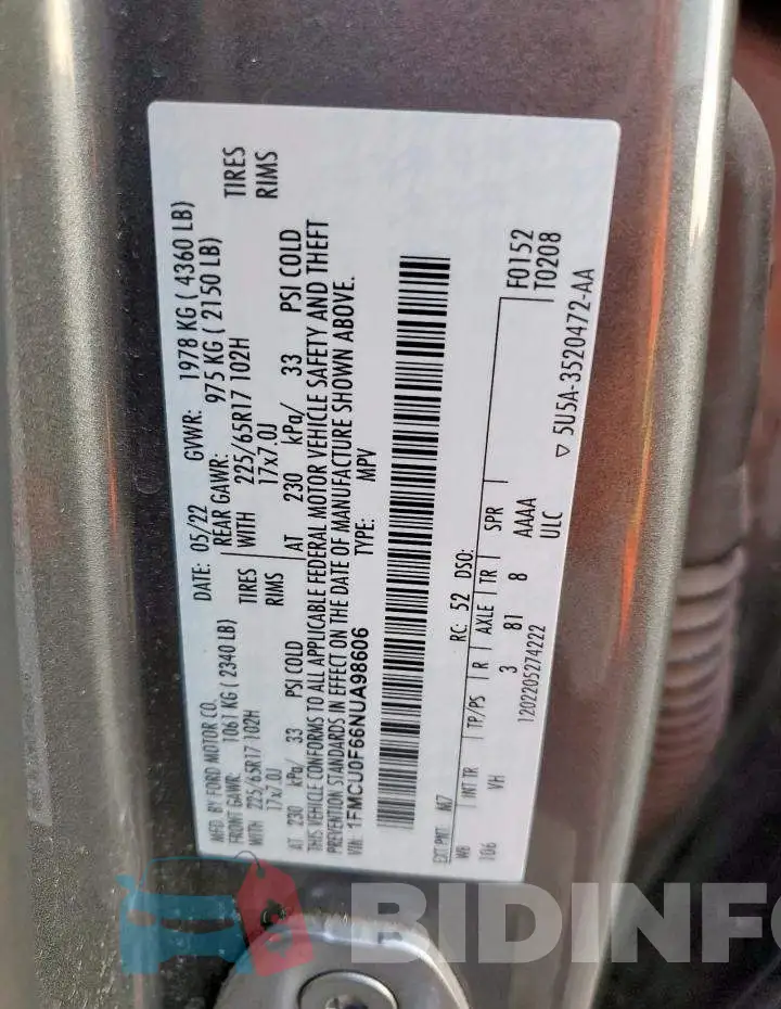 1FMCU0F66NUA98606 Photo# 12