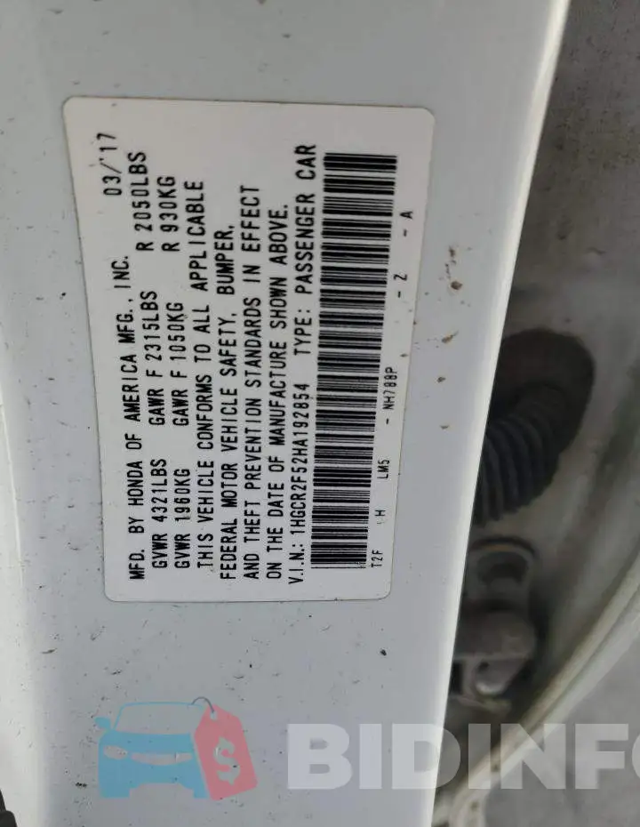 1HGCR2F52HA192854 Photo# 12