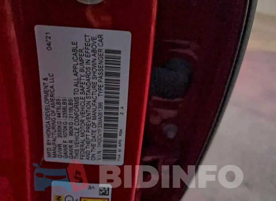 1HGCV1F33MA061396 Photo# 10