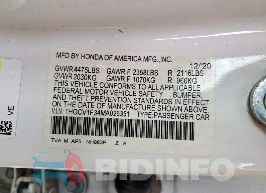 1HGCV1F34MA026351 Photo# 12