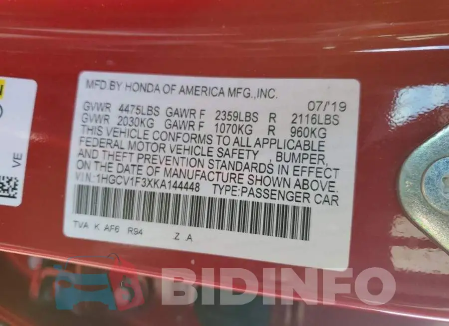 1HGCV1F3XKA144448 Photo# 12