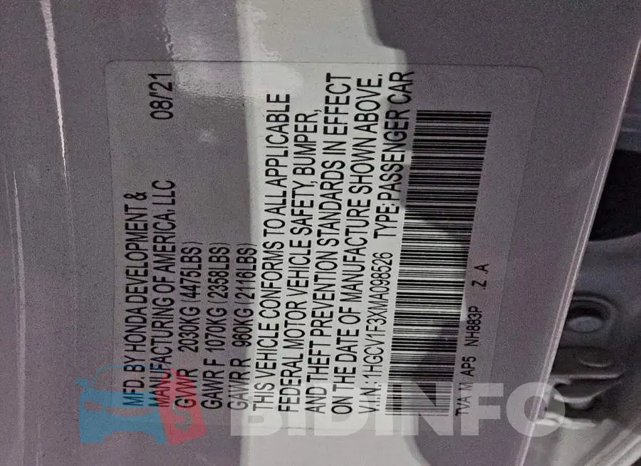 1HGCV1F3XMA098526 Photo# 12