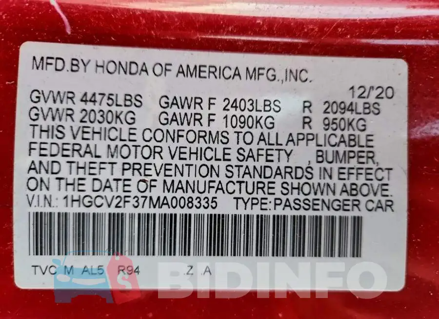 1HGCV2F37MA008335 Photo# 13