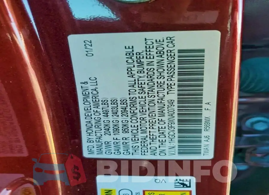 1HGCV3F9XNA007949 Photo# 12