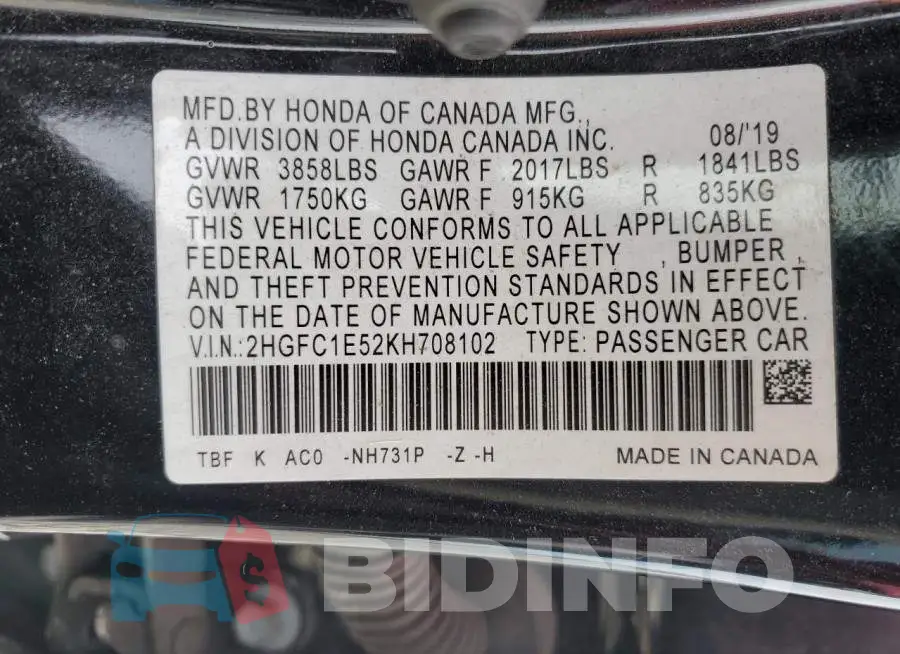 2HGFC1E52KH708102 Photo# 13