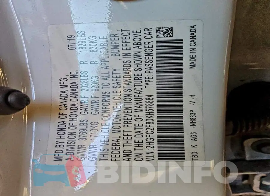 2HGFC2F80KH578884 Photo# 12