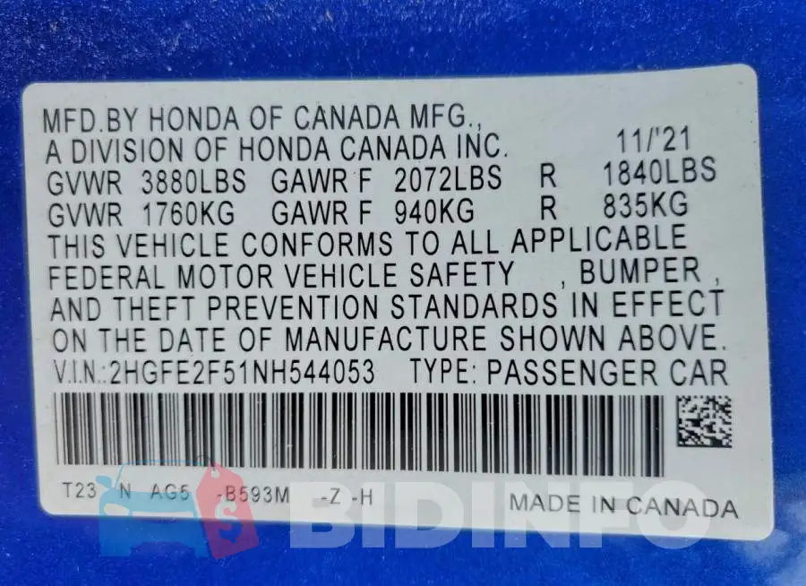 2HGFE2F51NH544053 Photo# 12