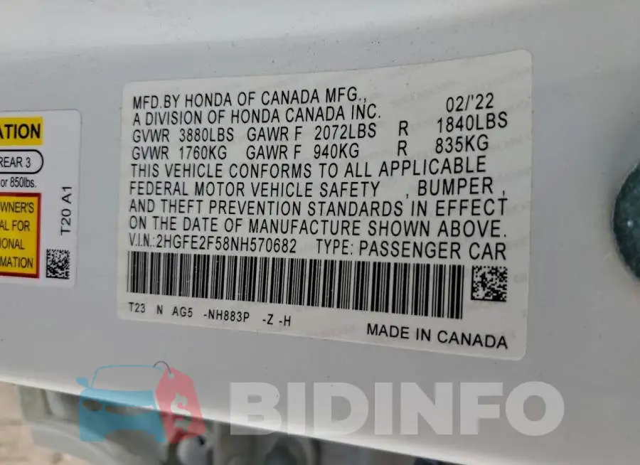 2HGFE2F58NH570682 Photo# 12