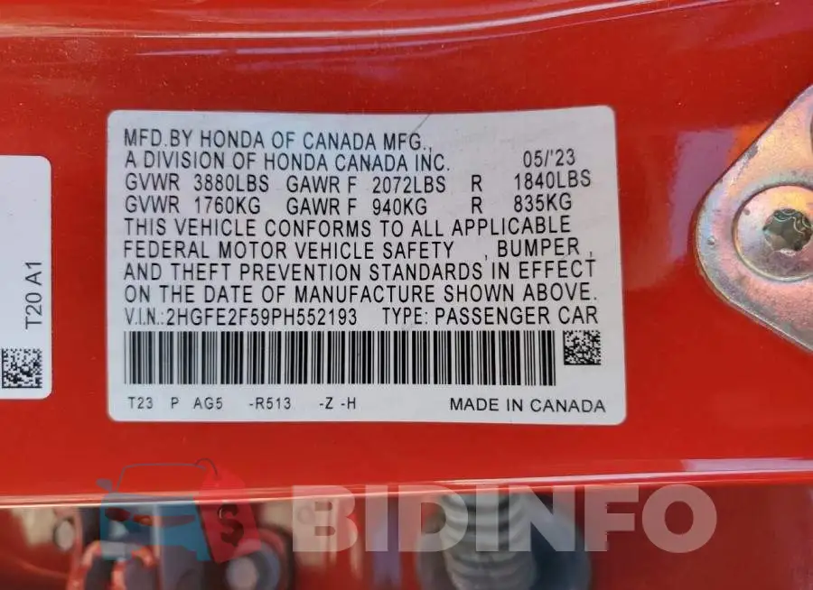 2HGFE2F59PH552193 Photo# 12