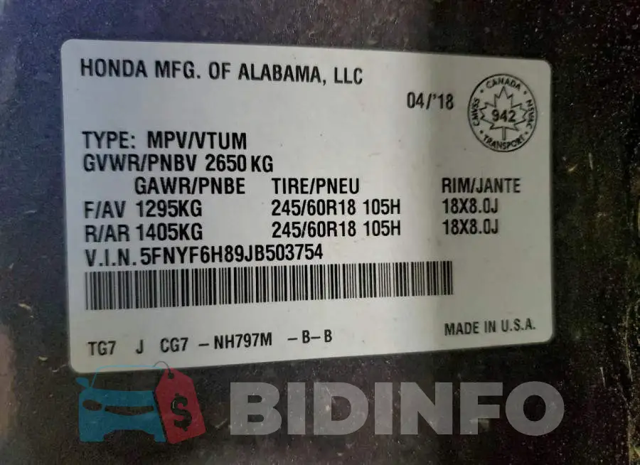 5FNYF6H89JB503754 Photo# 13