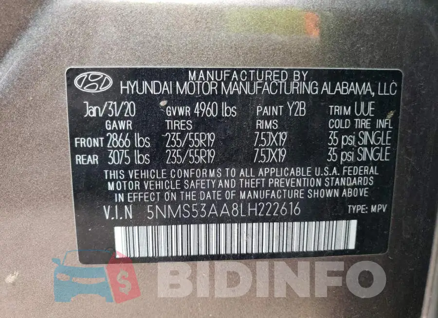 5NMS53AA8LH222616 Photo# 13