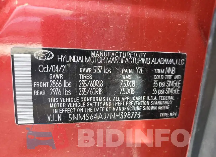 5NMS64AJ7NH398773 Photo# 13