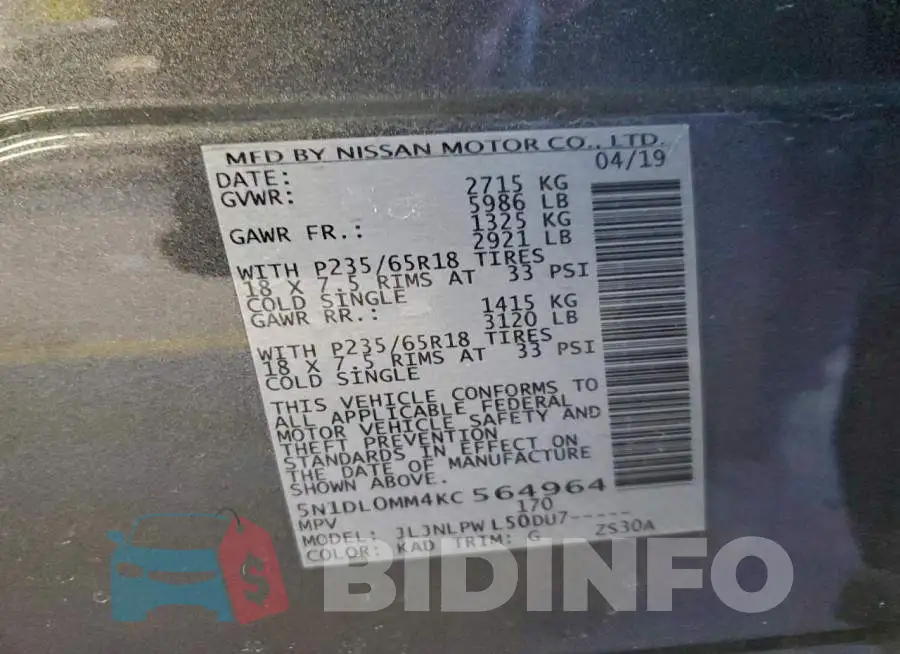 5N1DL0MM4KC564964 Photo# 13