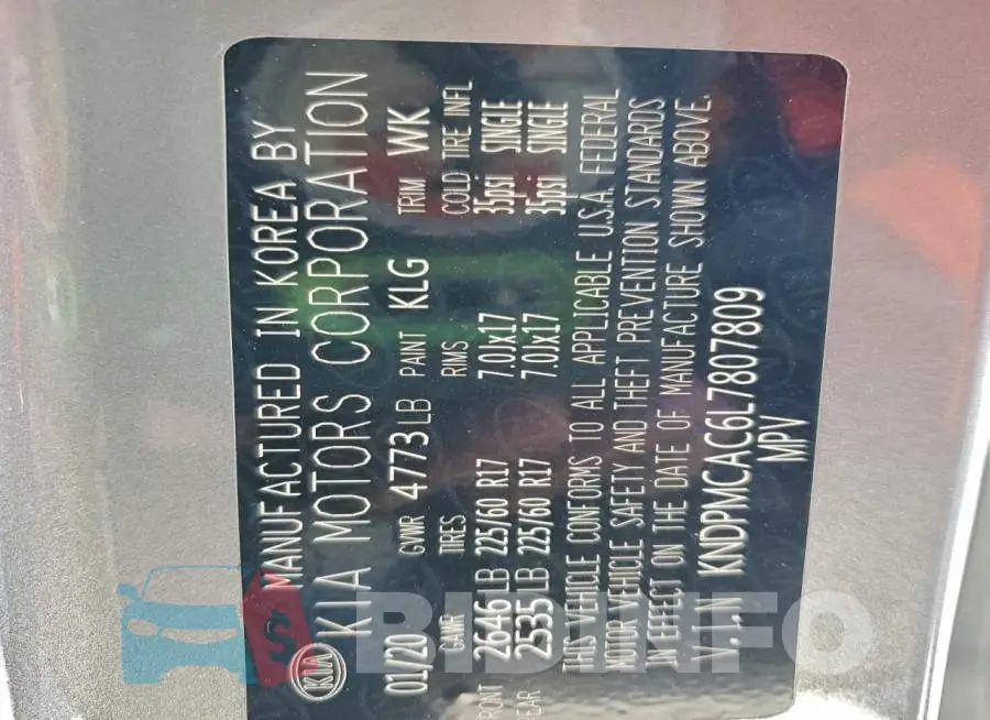 KNDPMCAC6L7807809 Photo# 13