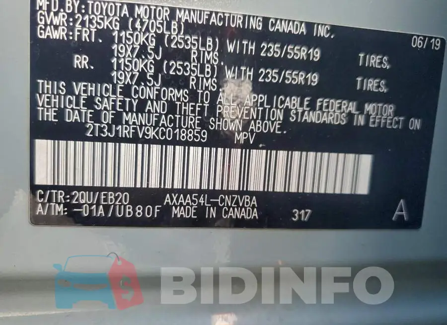 2T3J1RFV9KC018859 Photo# 13