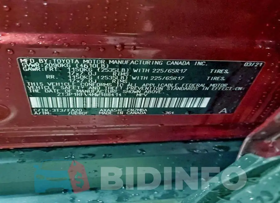 2T3P1RFV4MW188414 Photo# 13