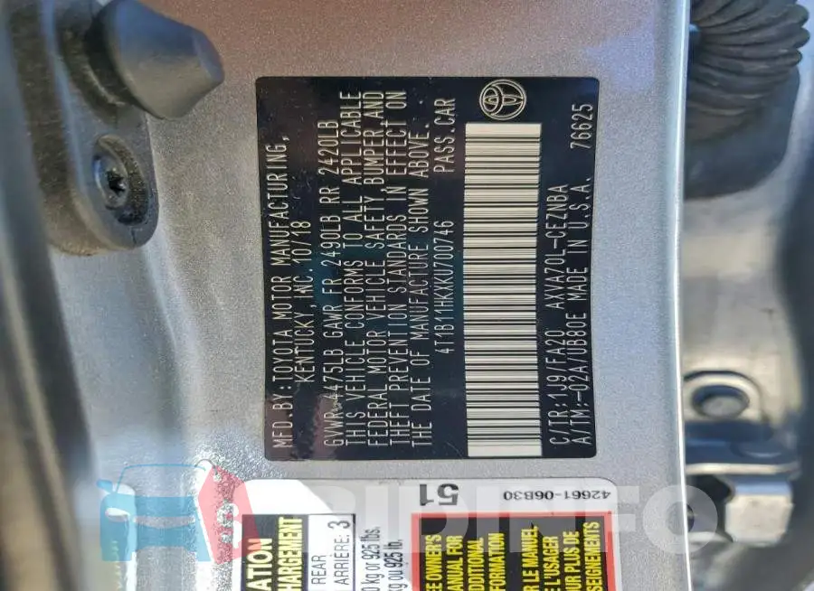4T1B11HKXKU700746 Photo# 12